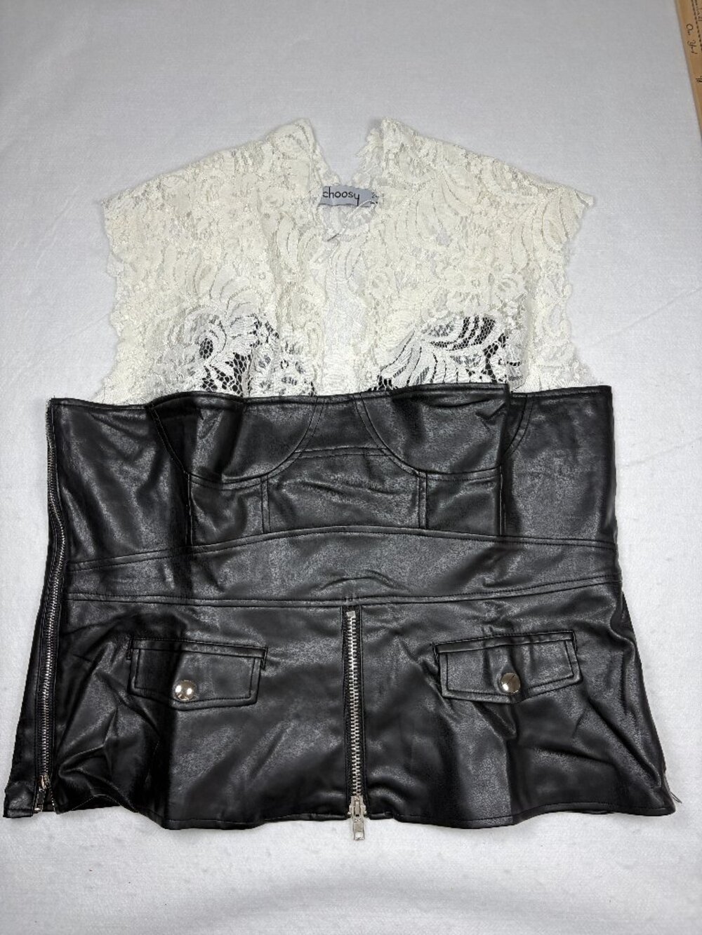 Choosy Black Faux Leather Corset Vest & White Lace Top Coquette Goth Sz 20